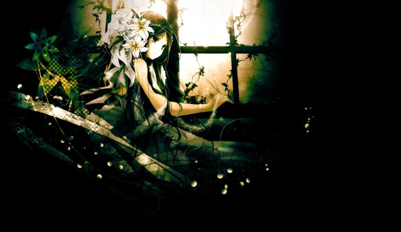 Anime Girl with Flowers — Black, Dramatic, Night, Digital Art