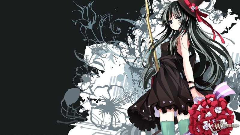 Anime Girl with Flowers — Black, Dramatic, Umbrella