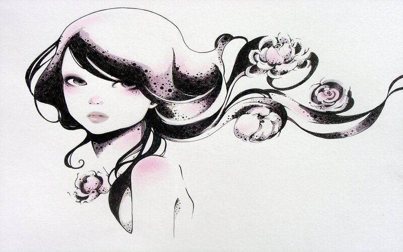 Anime Girl with Flowers — Black, Dreamy, Illustration