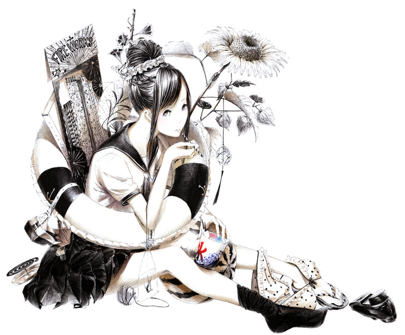 Anime Girl with Flowers — Black, Dreamy, Manga
