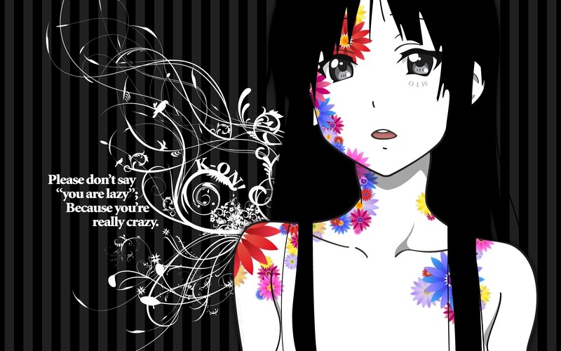 Anime Girl with Flowers — Black, Dreamy, Striped Background