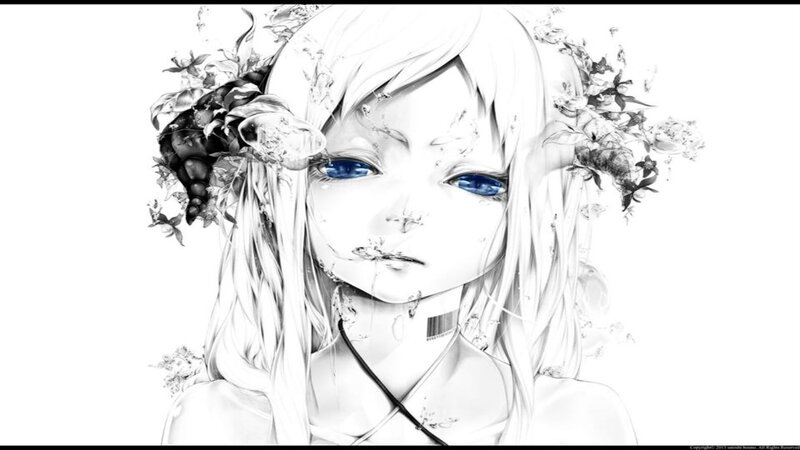 Anime Girl with Flowers — Black, Melancholic, Digital Art