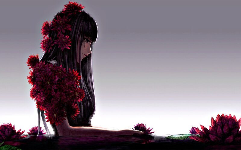 Anime Girl with Flowers — Black, Serene, Digital Art, Water