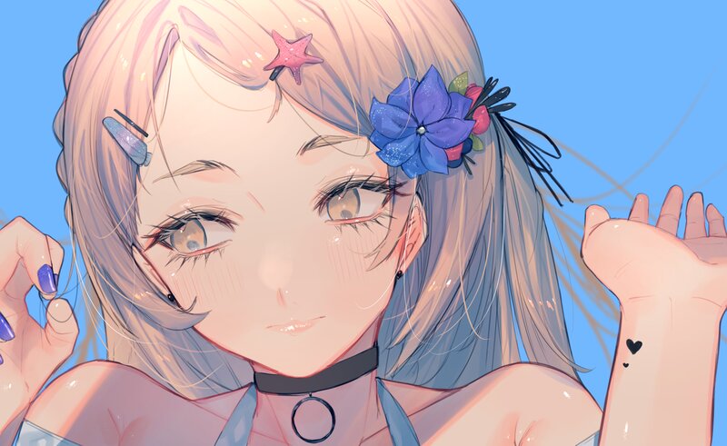 Anime Girl with Flowers — Blue, Calm, Afternoon, Digital Art