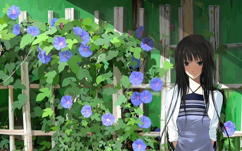 Anime Girl with Flowers — Blue, Calm, Afternoon, Fence, Greenery