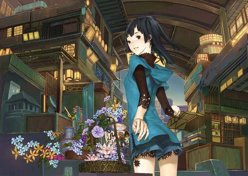 Anime Girl with Flowers — Blue, Calm, Sunset
