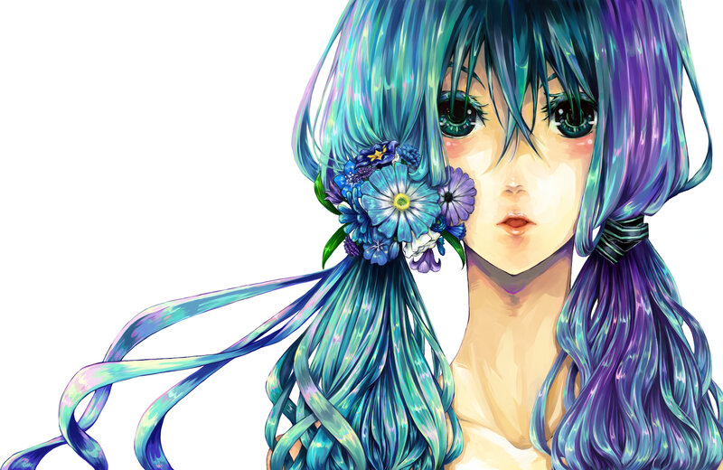 Anime Girl with Flowers — Blue, Calm