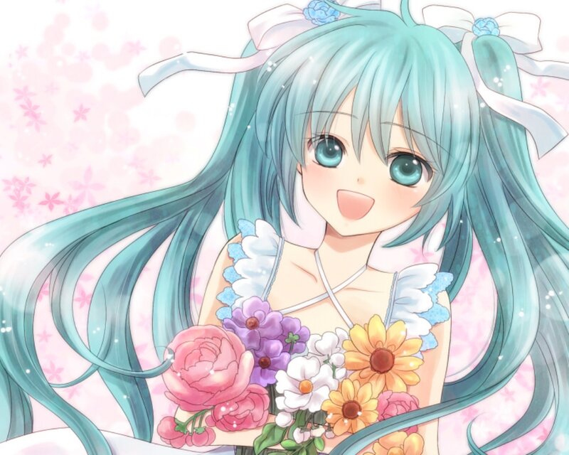 Anime Girl with Flowers — Blue, Cheerful, Spring