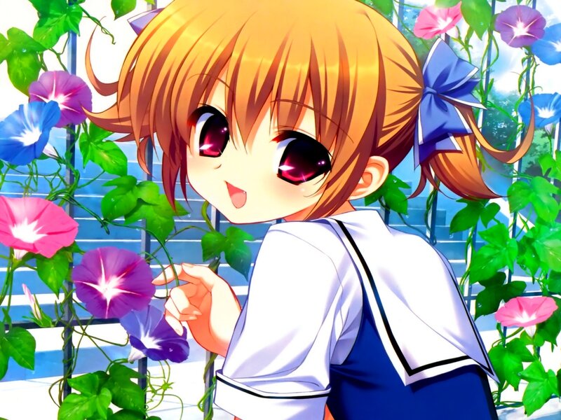 Anime Girl with Flowers — Blue, Cheerful