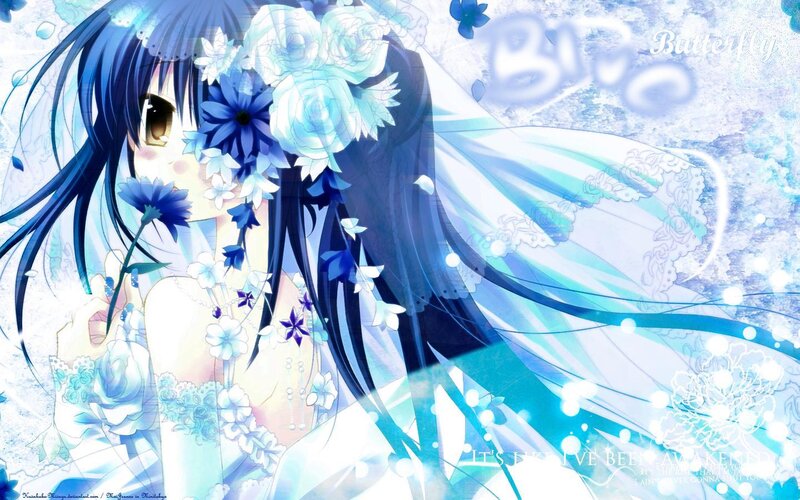 Anime Girl with Flowers — Blue, Dreamy, Digital Art
