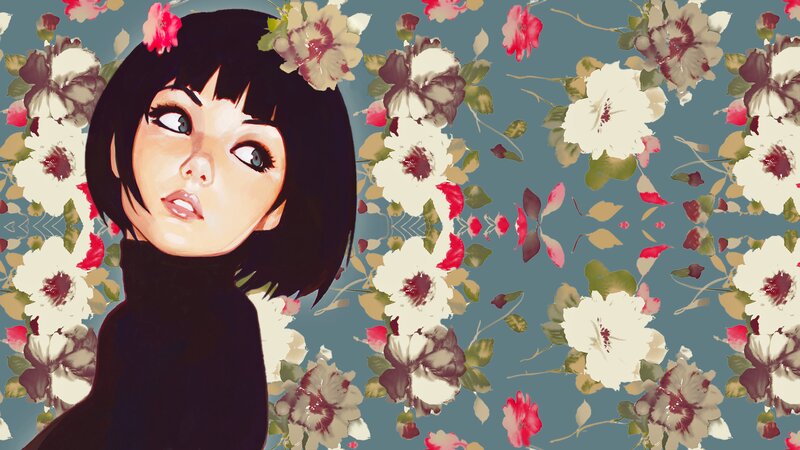 Anime Girl with Flowers — Blue, Dreamy, Manga