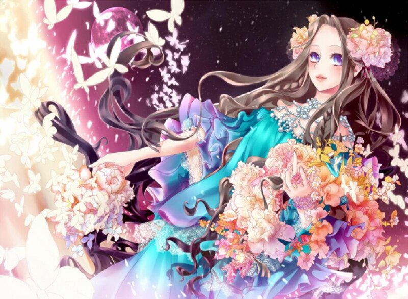 Anime Girl with Flowers — Blue, Dreamy, Night, Digital Art