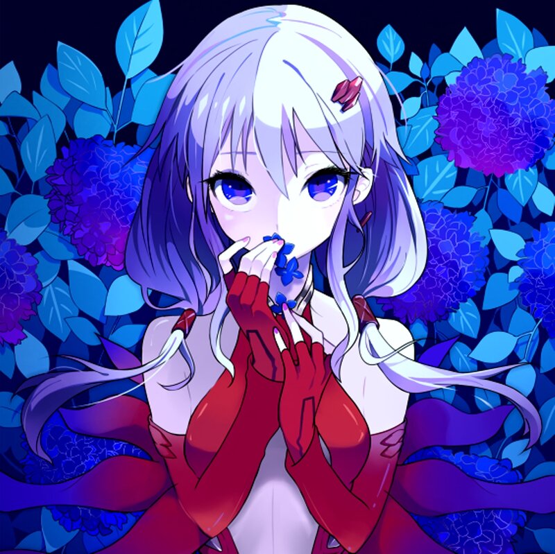 Anime Girl with Flowers — Blue, Dreamy, Night, Leaves