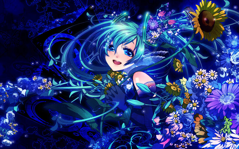 Anime Girl with Flowers — Blue, Dreamy, Night