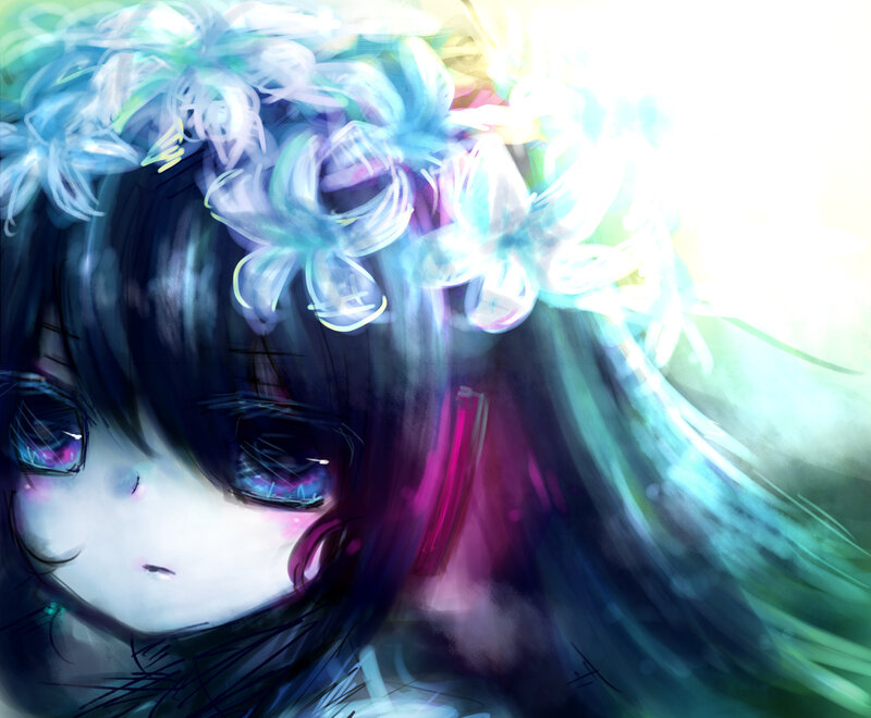 Anime Girl with Flowers — Blue, Dreamy