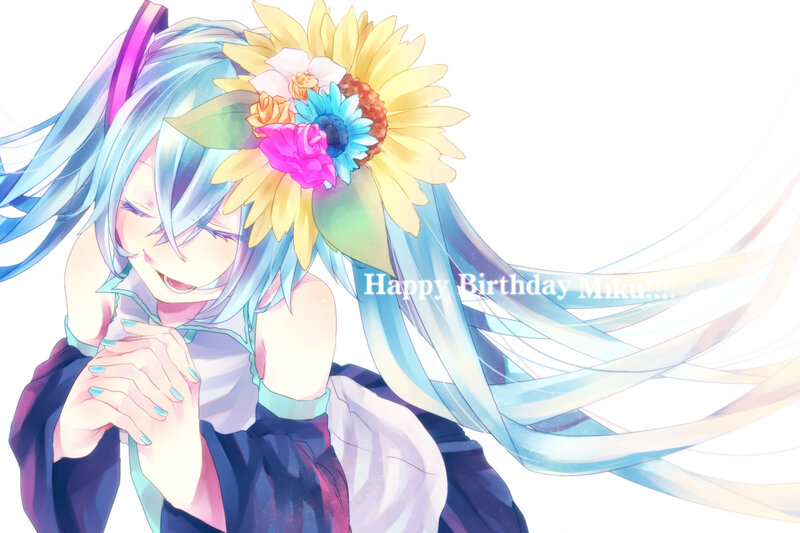 Anime Girl with Flowers — Blue, Happy