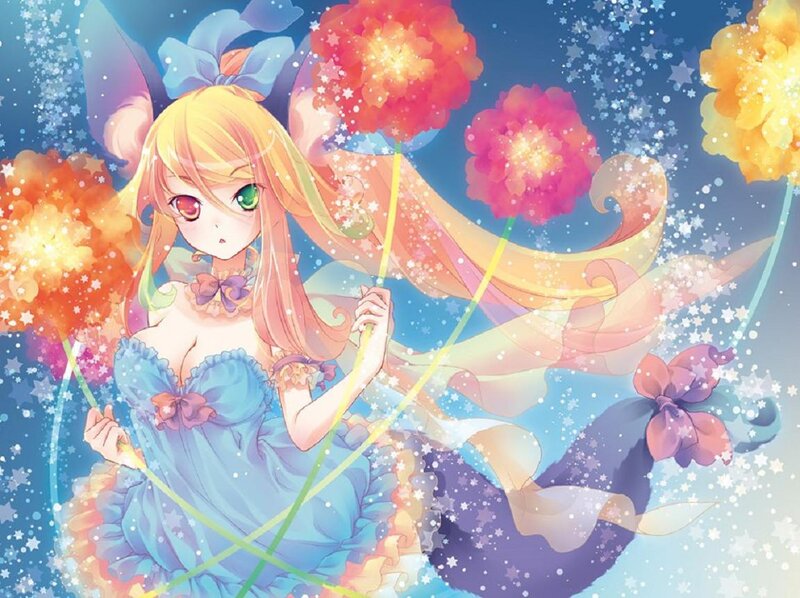 Anime Girl with Flowers — Blue, Magical