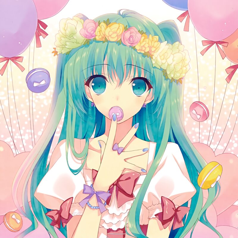 Anime Girl with Flowers — Blue, Playful, Balloons