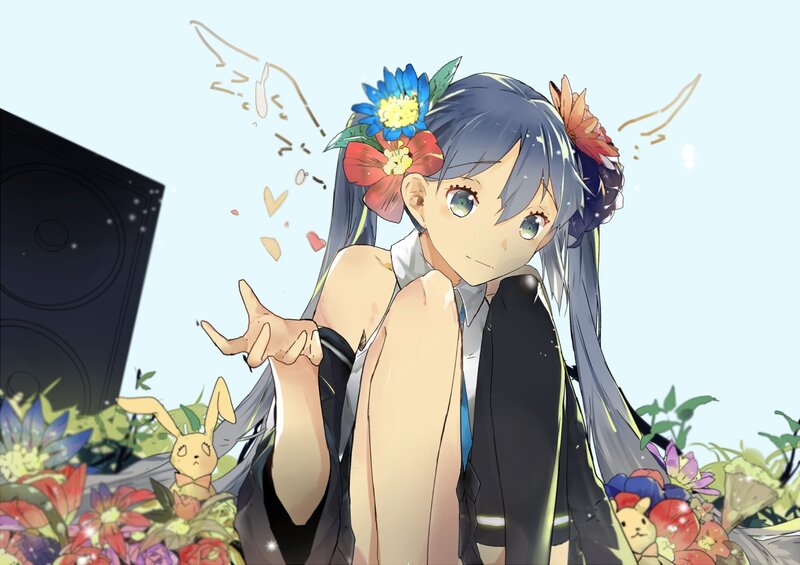 Anime Girl with Flowers — Blue, Playful