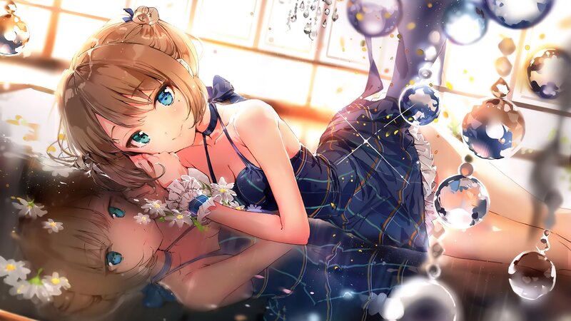 Anime Girl with Flowers — Blue, Serene, Afternoon, Digital Art, Bubbles