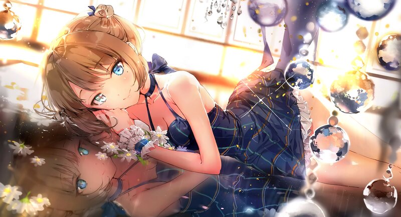 Anime Girl with Flowers — Blue, Serene, Afternoon, Digital Art, Bubbles, Window