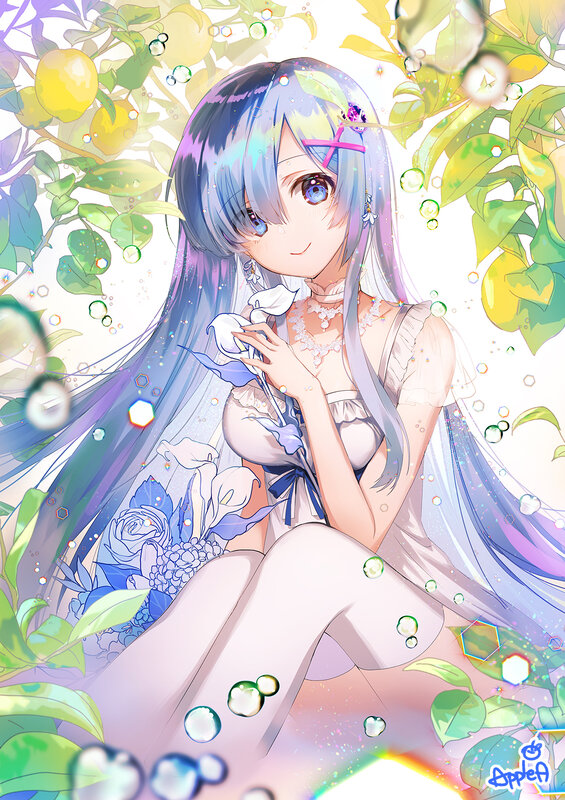 Anime Girl with Flowers — Blue, Serene, Afternoon, Digital Art, Lemons