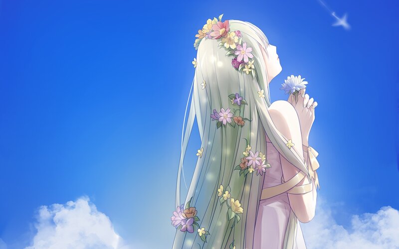 Anime Girl with Flowers — Blue, Serene, Afternoon, Digital Art, Sky, Clouds, Bird