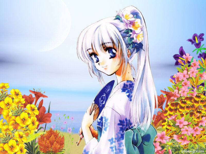 Anime Girl with Flowers — Blue, Serene, Afternoon, Ocean
