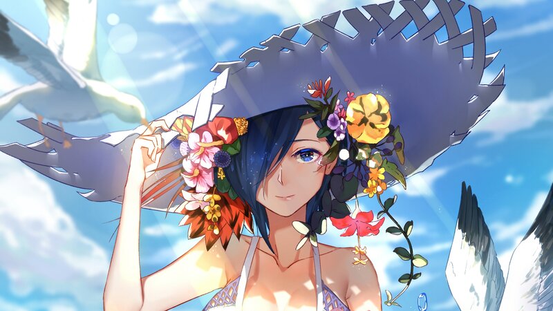 Anime Girl with Flowers — Blue, Serene, Afternoon, Seagulls