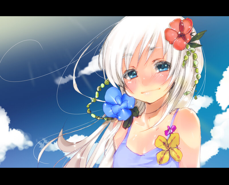 Anime Girl with Flowers — Blue, Serene, Afternoon