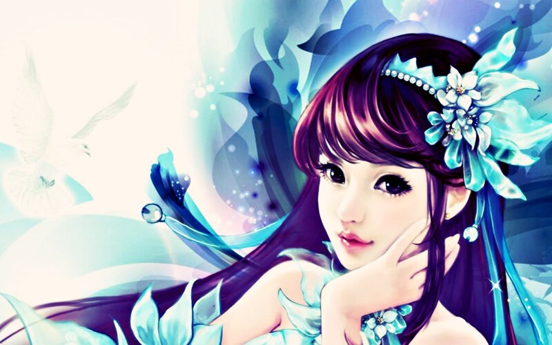 Anime Girl with Flowers — Blue, Serene, Digital Art, Bird