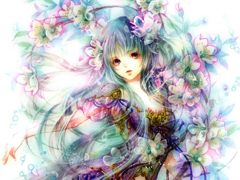 Anime Girl with Flowers — Blue, Serene, Digital Art, Hair