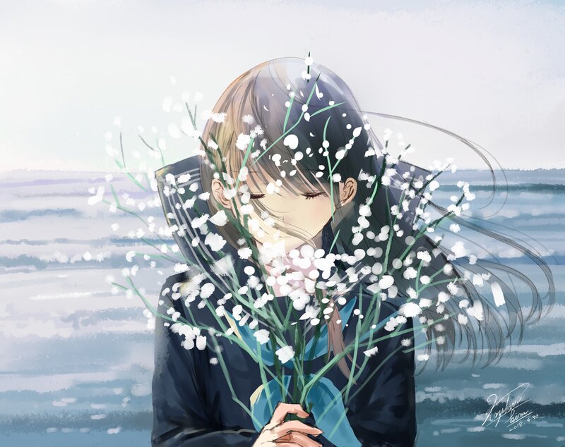 Anime Girl with Flowers — Blue, Serene, Digital Art, Ocean