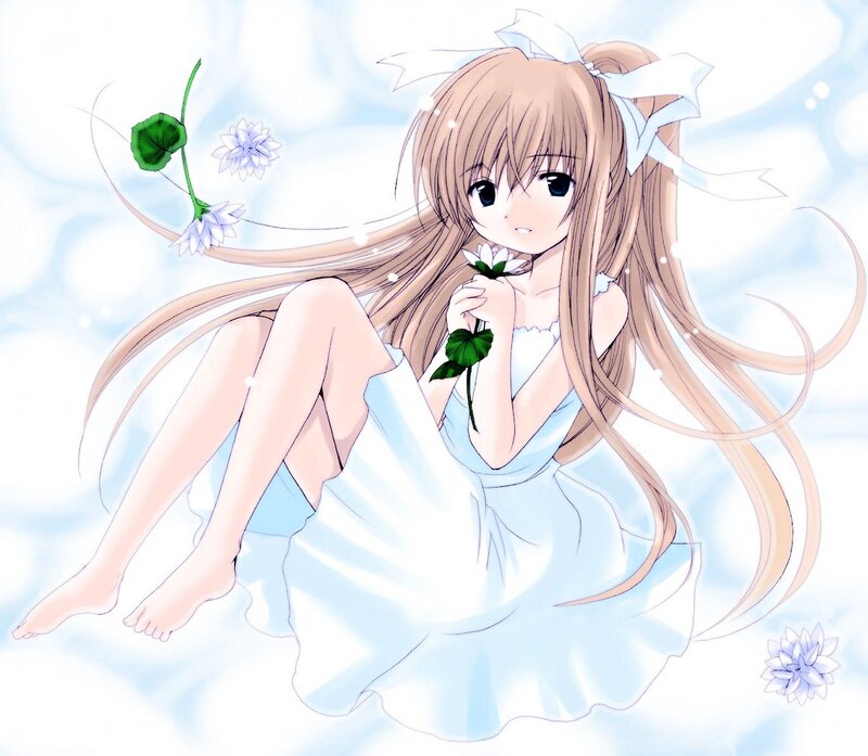 Anime Girl with Flowers — Blue, Serene, Dress