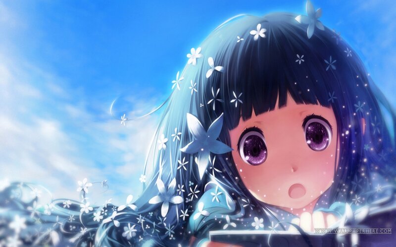 Anime Girl with Flowers — Blue, Serene, Morning