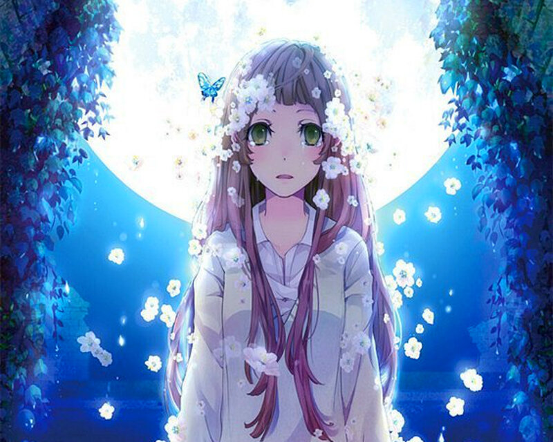 Anime Girl with Flowers — Blue, Serene, Night, Butterfly
