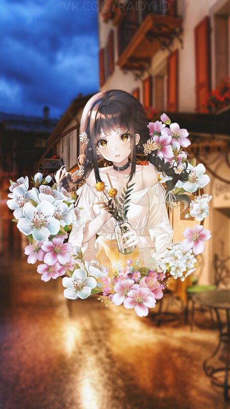 Anime Girl with Flowers — Blue, Serene, Night, Digital Art, Building