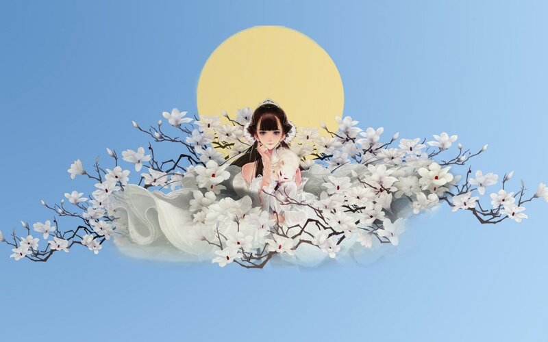Anime Girl with Flowers — Blue, Serene, Night, Digital Art, Moon