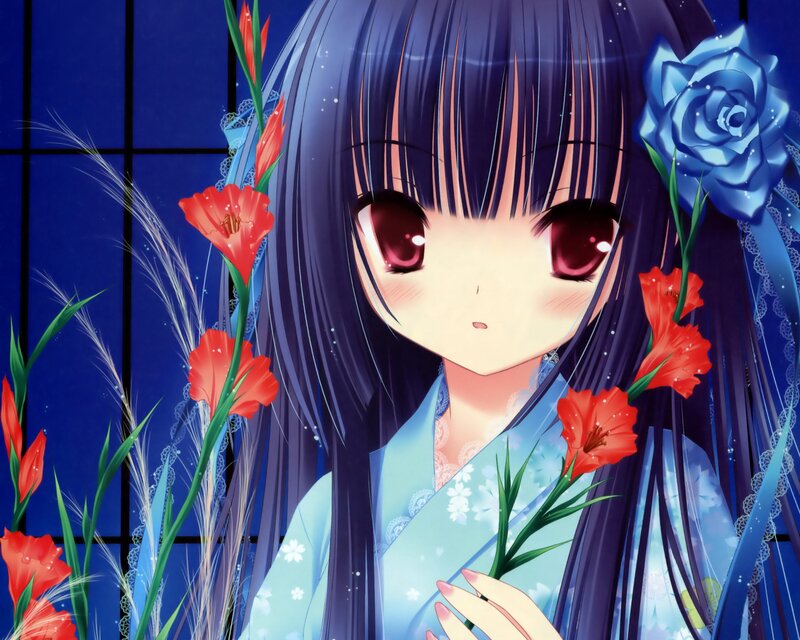 Anime Girl with Flowers — Blue, Serene, Night, Kimono