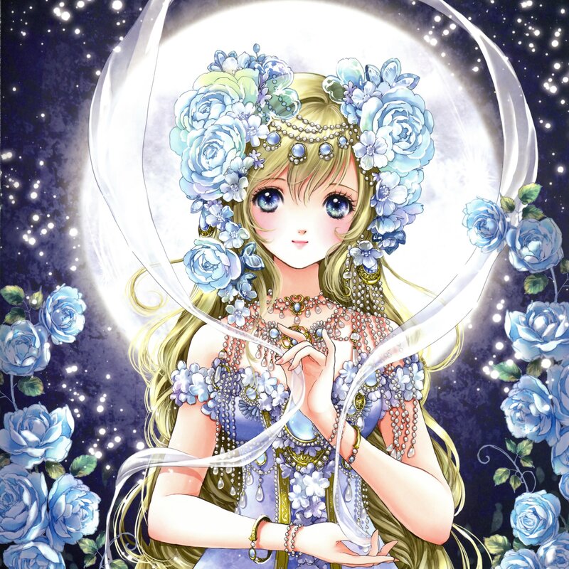 Anime Girl with Flowers — Blue, Serene, Night, Manga