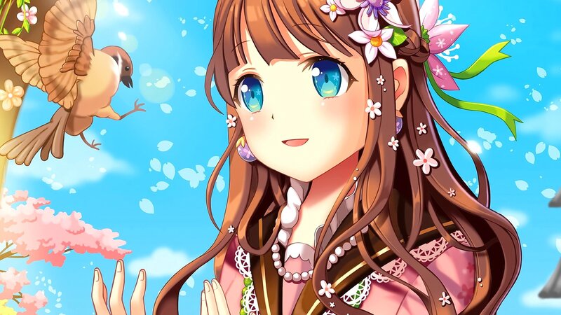 Anime Girl with Flowers — Blue, Serene, Spring, Bird, Cherry Blossoms