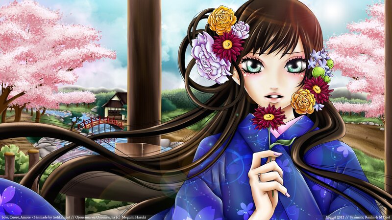 Anime Girl with Flowers — Blue, Serene, Spring, Digital Art, Kimono