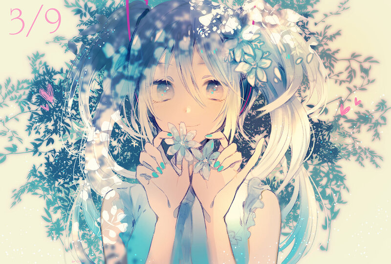 Anime Girl with Flowers — Blue, Serene, Spring, Digital Art, Leaves