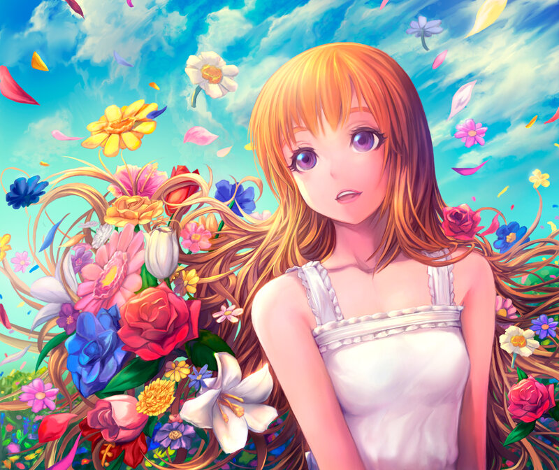 Anime Girl with Flowers — Blue, Serene, Spring, Digital Art, Sky