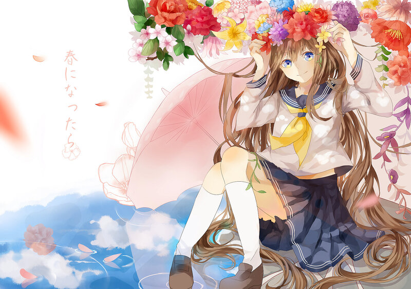 Anime Girl with Flowers — Blue, Serene, Spring, Digital Art, Umbrella