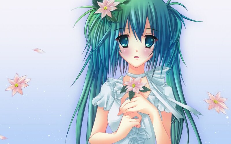 Anime Girl with Flowers — Blue, Serene, Spring, Long Hair