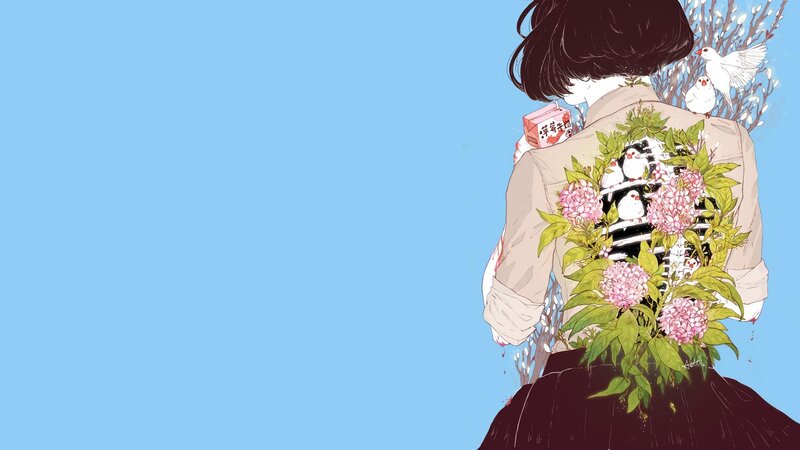 Anime Girl with Flowers — Blue, Serene, Spring, Manga, Birds