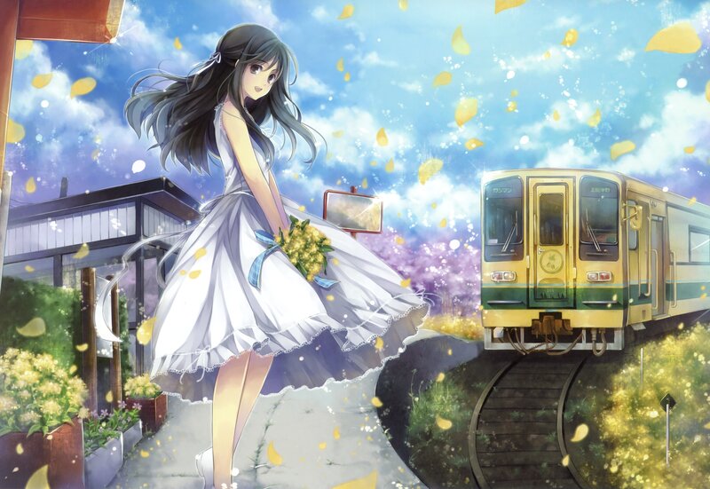 Anime Girl with Flowers — Blue, Serene, Spring, Train