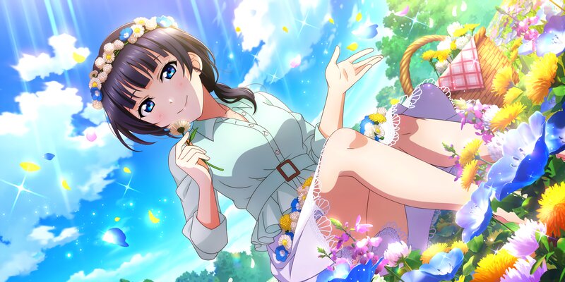 Anime Girl with Flowers — Blue, Serene, Summer, Basket