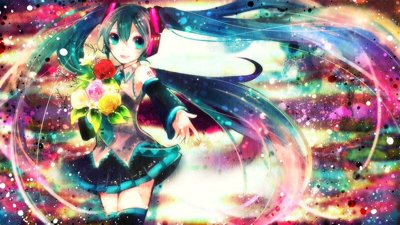 Anime Girl with Flowers — Blue, Vibrant